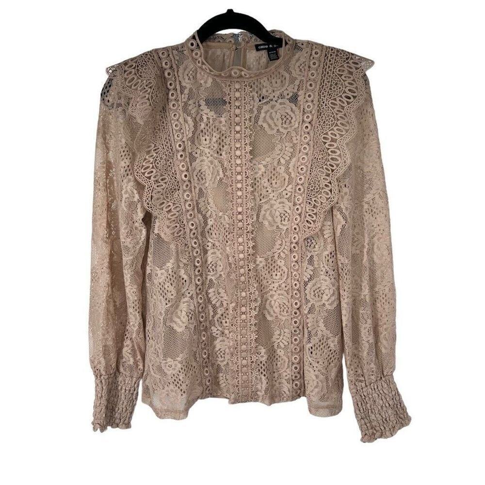 Cable & Gauge Taupe Lace Long‎ Sleeve Top w/ Camisole M Womens